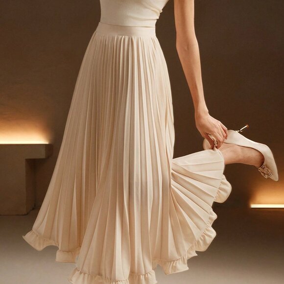 Apricot Elegant Women's Color Pleated Woven Ruffle Hem Skirt - Picture 4 of 7